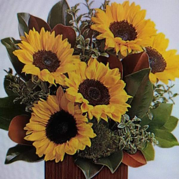 Sunflower arrangement in a rectangular wooden container