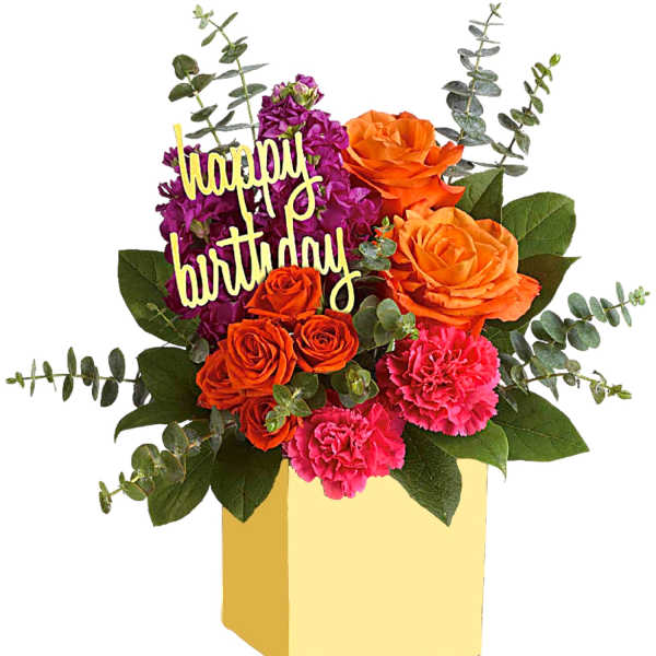 Birthday flower arrangement in a yellow box with roses and carnations