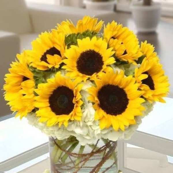 Sunflower bouquet in a clear glass vase