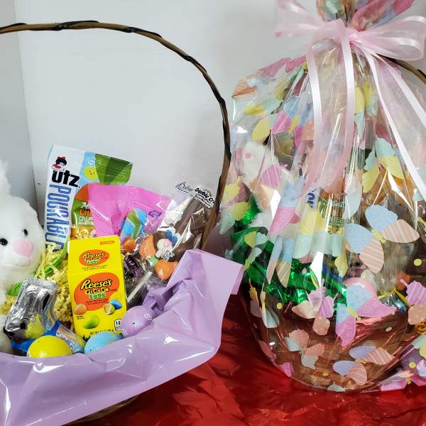 Easter gift baskets with a plush bunny and candy