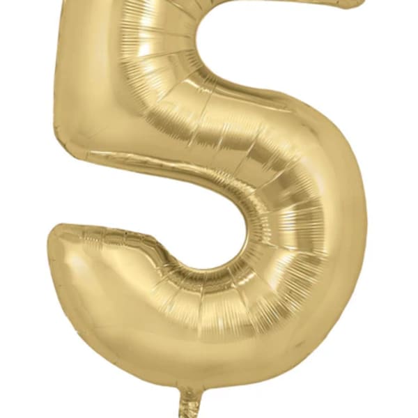 Gold foil balloon shaped like the number 5