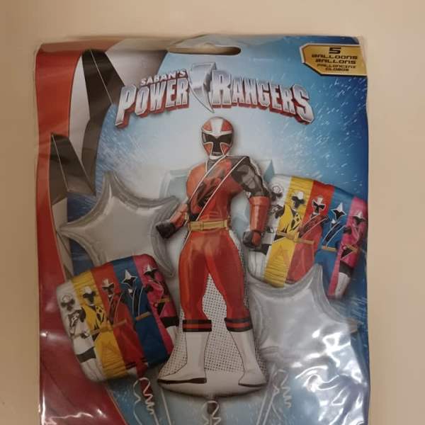 Power Rangers balloon bouquet package with red, blue, and silver balloons