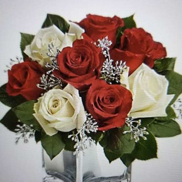Red and white roses arranged in a clear square vase