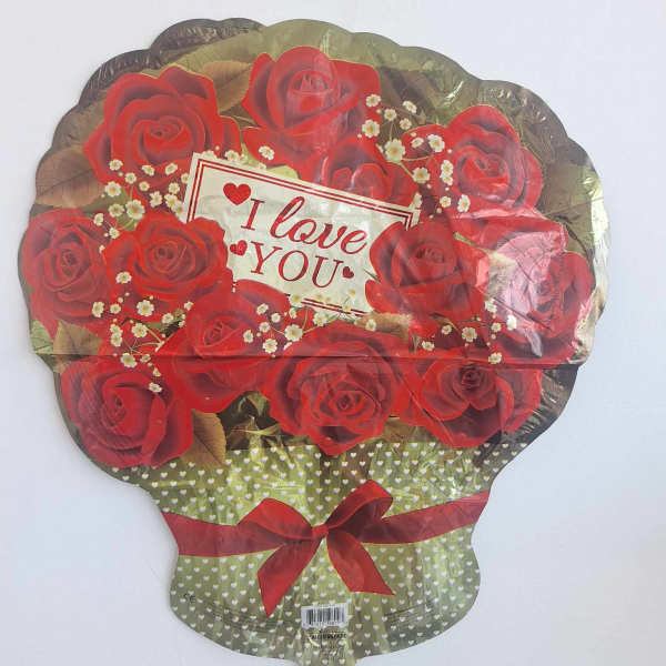 Heart-shaped balloon with red roses and an "I love you" message