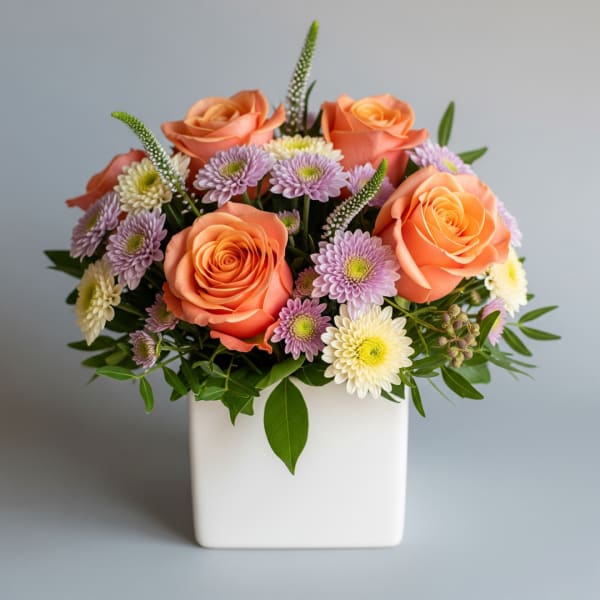 Peach roses and lavender daisies in a white square vase