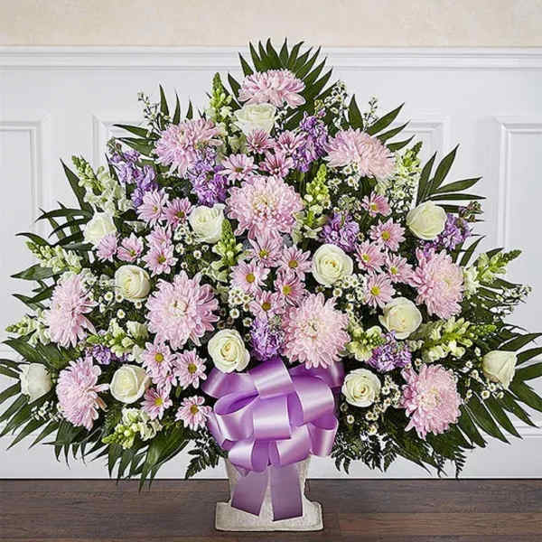Heartfelt Tribute Lavender & White Floor Basket Arrangement