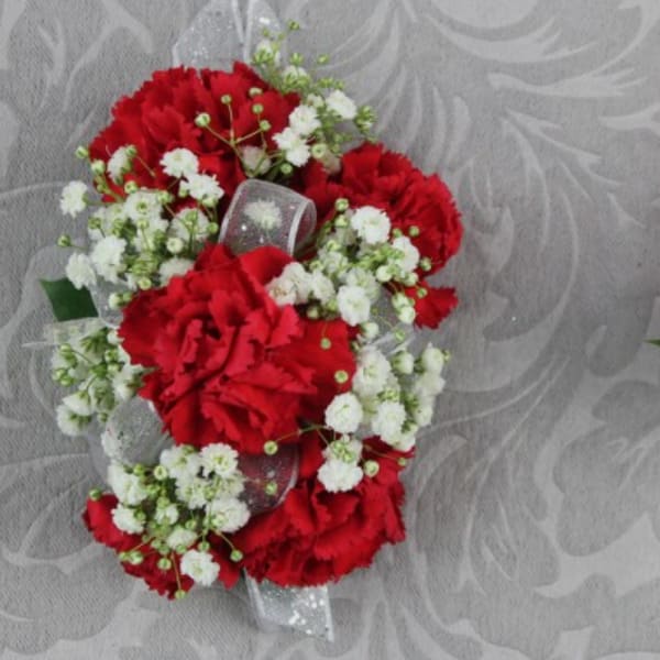 Corsage and Boutonniere Set Red Carnations and white ribbon