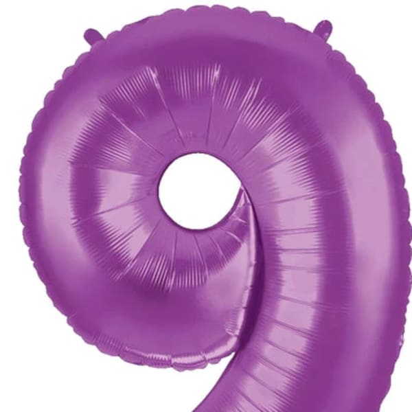 Purple number 9 foil balloon on a white background