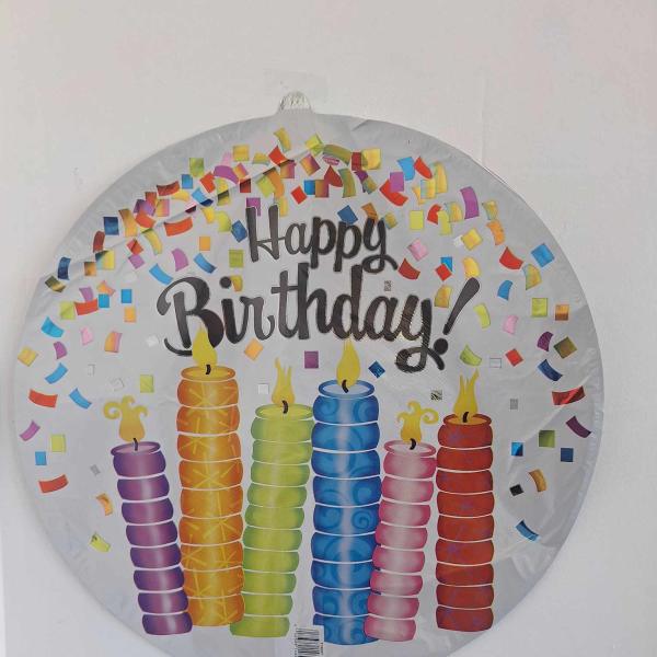 Round birthday balloon with colorful candles and confetti