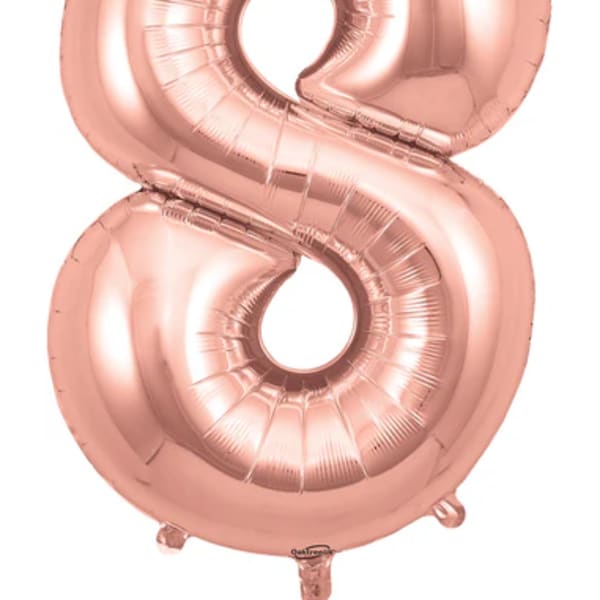 Rose gold number 8 foil balloon on a white background