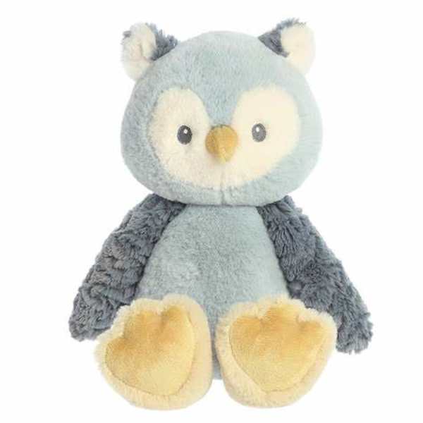 Blue plush owl toy with cream face and yellow feet