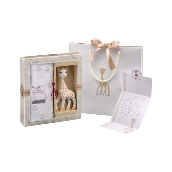 Gift set with a plush giraffe toy, blanket, and matching bag