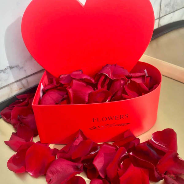 Red heart-shaped gift box filled with rose petals