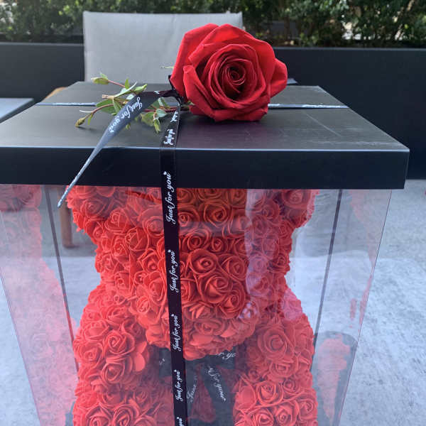 Red rose teddy bear in a clear box with a single rose on top