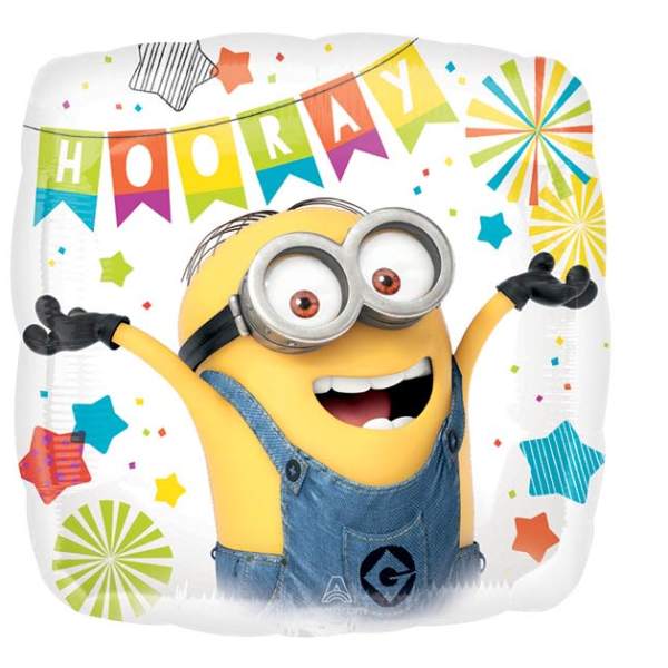 Minion-themed party balloon with "Hooray" text