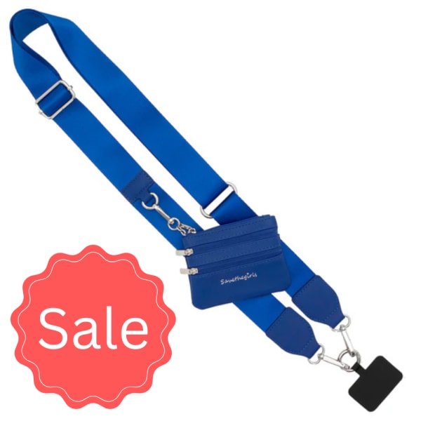 Blue crossbody strap with a small zip pouch and sale badge
