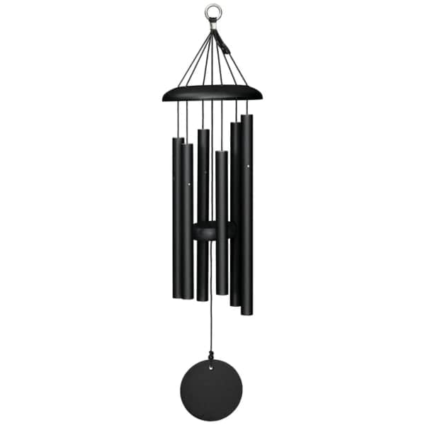 Black metal wind chime with hanging tubes and a round striker