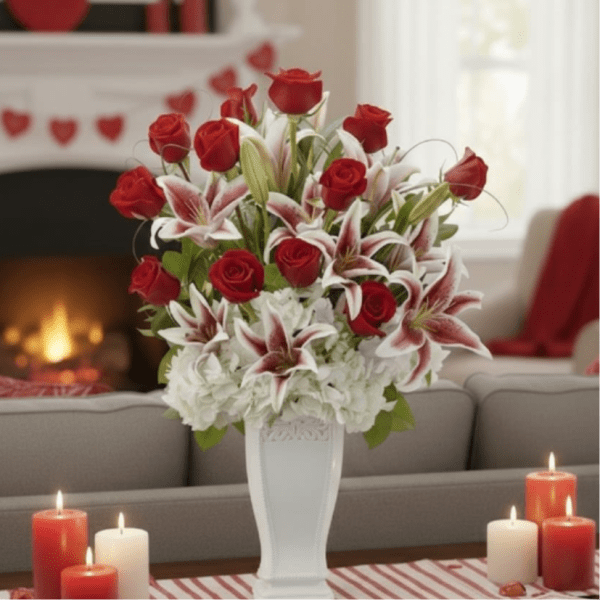 Tall arrangement of red roses, red and white lilies, and white blooms in a white pedestal vase.