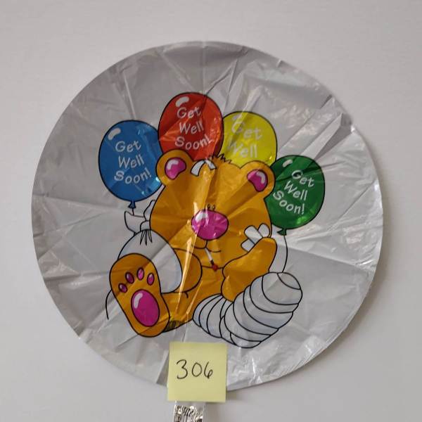 Round get-well balloon with a cartoon bear and colorful balloons