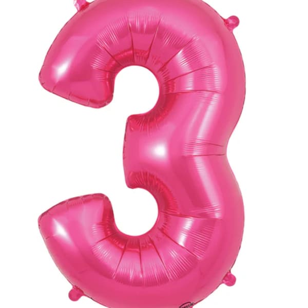 Pink number 3 foil balloon on a white background