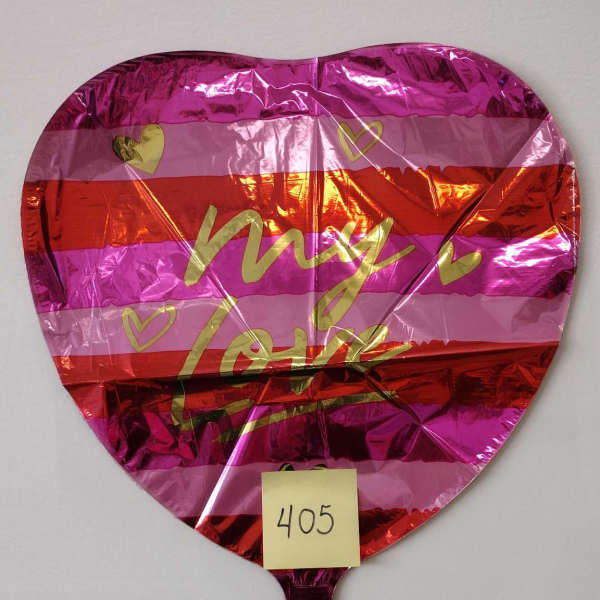 Heart-shaped pink foil balloon with "My Love" text and small hearts