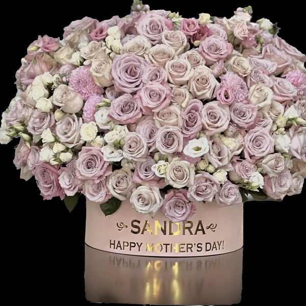Pink and white rose bouquet in a personalized box