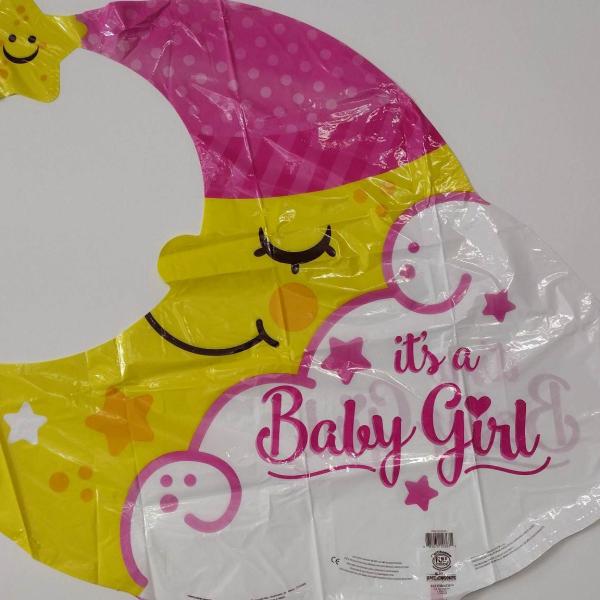 Moon-shaped baby girl balloon with a smiling star topper