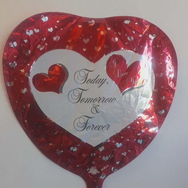 Heart-shaped red foil balloon with the words "Today, Tomorrow & Forever"