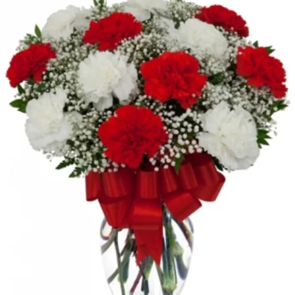 Red and white carnations in a clear glass vase with a red ribbon