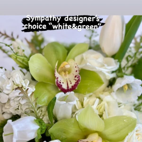 White and green sympathy bouquet with orchids and tulips