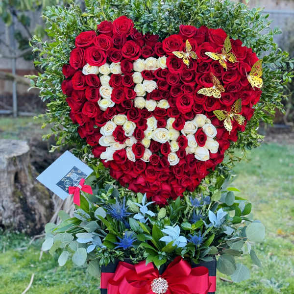 Heart-shaped rose arrangement with red and white roses and butterfly accents