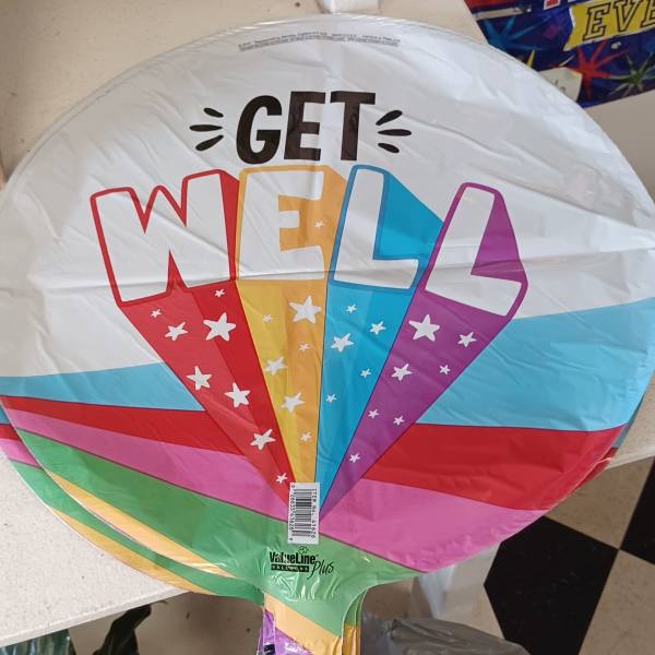 Round foil balloon with colorful "GET WELL" text