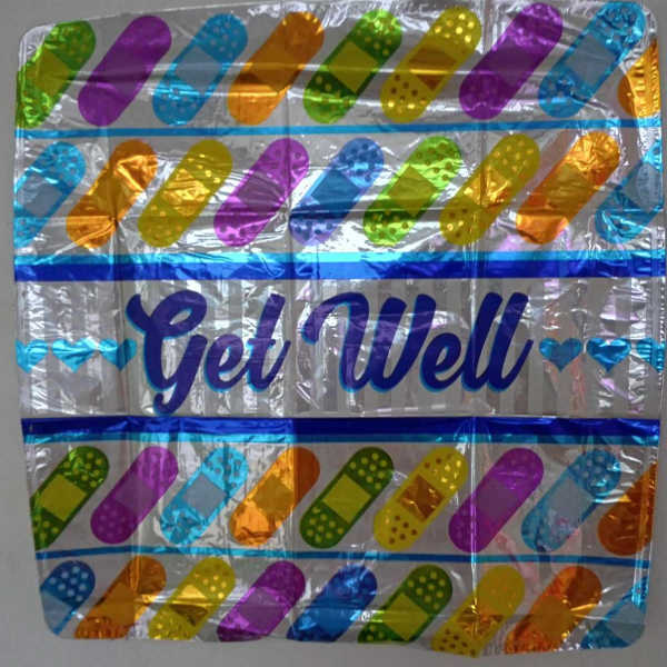 Colorful foil get well balloon with pill graphics