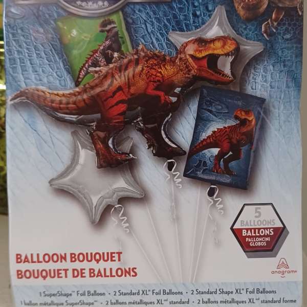 Jurassic World dinosaur balloon bouquet kit in retail packaging