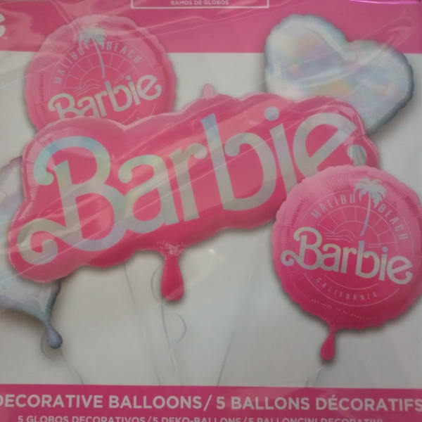 Barbie-themed decorative balloons in pink and white