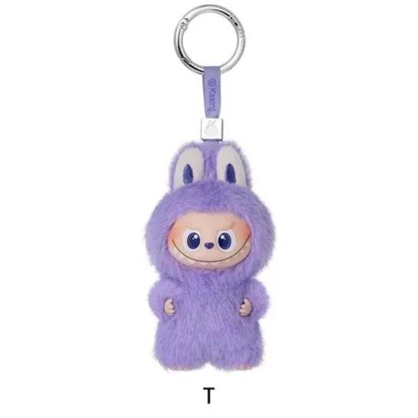 Purple plush character keychain with a metal ring