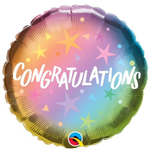 Round rainbow balloon with "Congratulations" text and star pattern