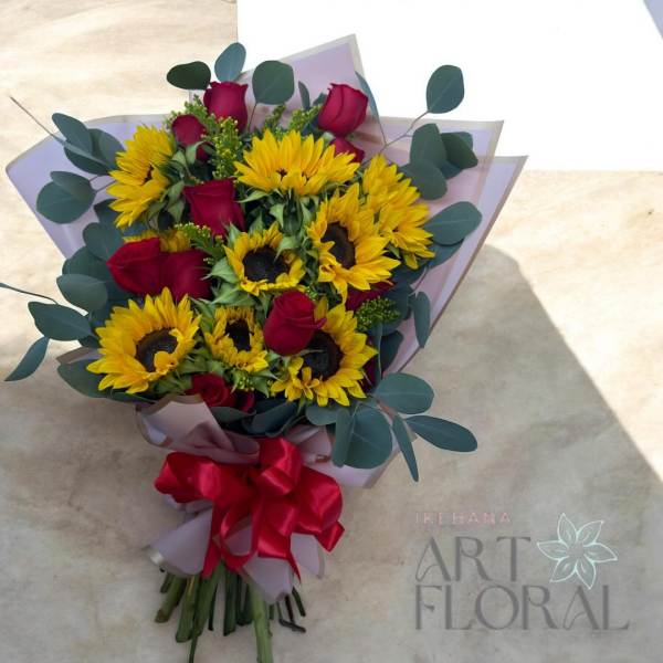 Sunflowers & Red Roses Korean Wrap Bouquet