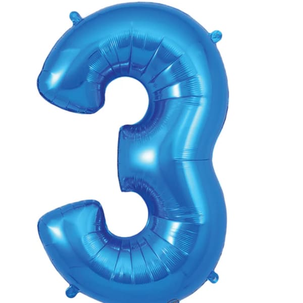 Blue number 3 foil balloon on a white background