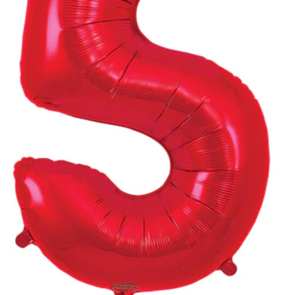 Red foil balloon shaped like the number 5