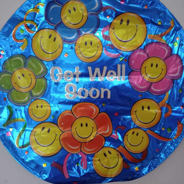 Round blue balloon with smiley-face flowers and "Get Well Soon" text