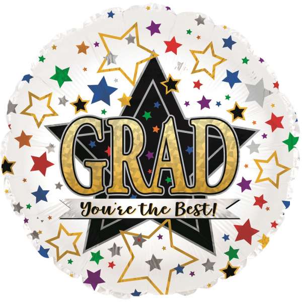 Round graduation balloon with stars and the words GRAD You're the Best!