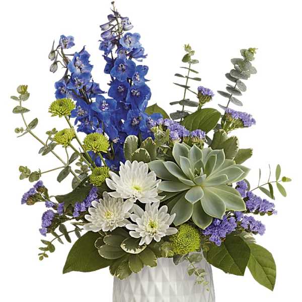 Blue delphinium and white daisies in a white vase with a succulent