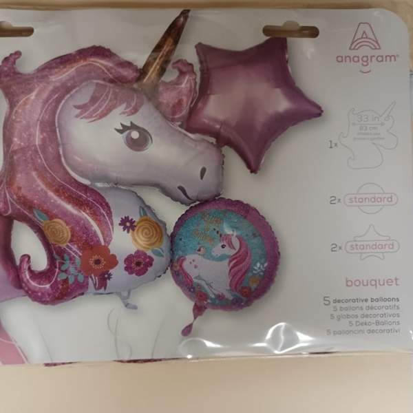 Package of unicorn-themed pink and purple balloons