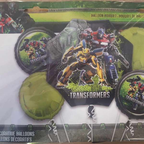 Transformers-themed balloon bouquet set with five balloons in packaging
