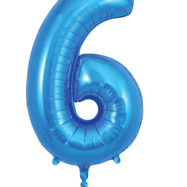 Blue number 6 foil balloon on a white background