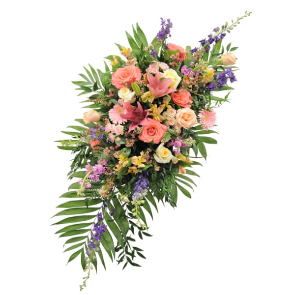 Cascade bouquet of pink and peach roses with lilies and purple flowers