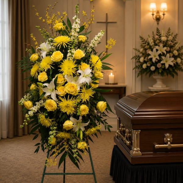 Tall yellow and white funeral spray beside a casket