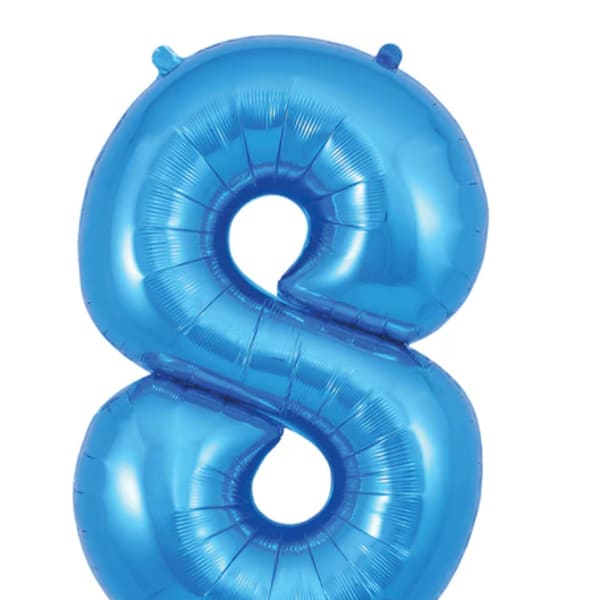 Blue number 8 foil balloon on a white background