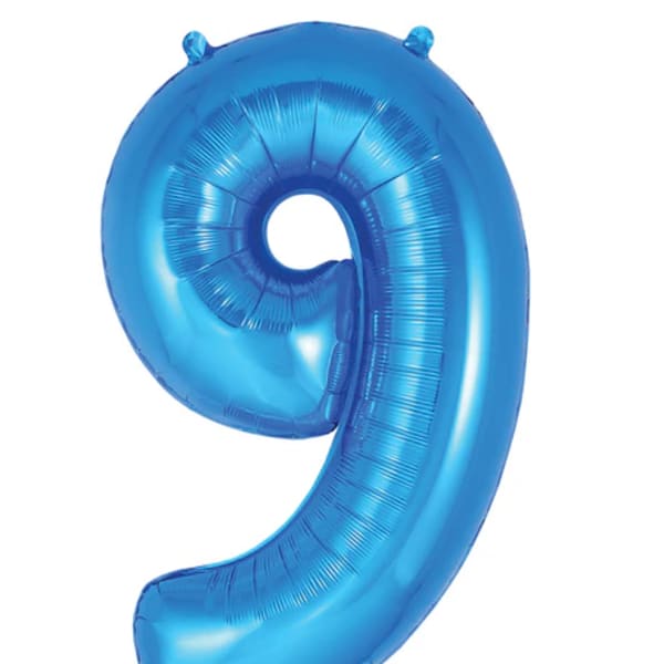 Blue number 9 foil balloon on a white background